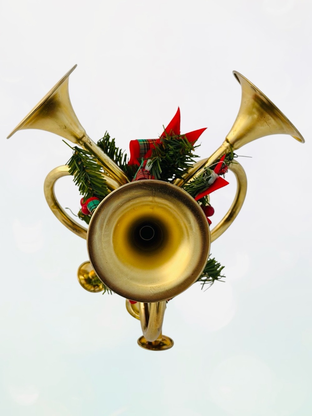 Brass Triple French Horn Taper Candle Holder, Vintage Christmas Holiday Decor - Picture 6 of 10